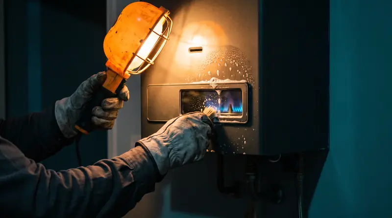 Control de pérdidas con espuma en la conexión de gas de una estufa de tiro balanceado encendida