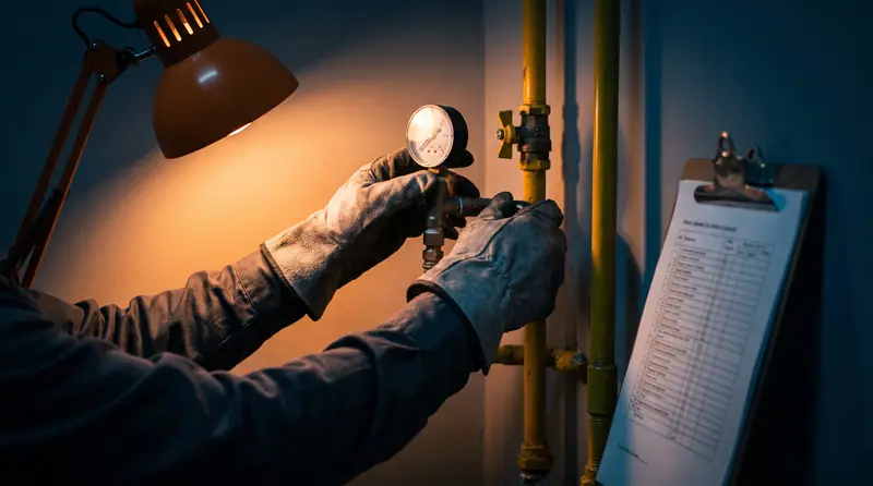 Prueba de hermeticidad con manómetro en una cañería de gas amarilla